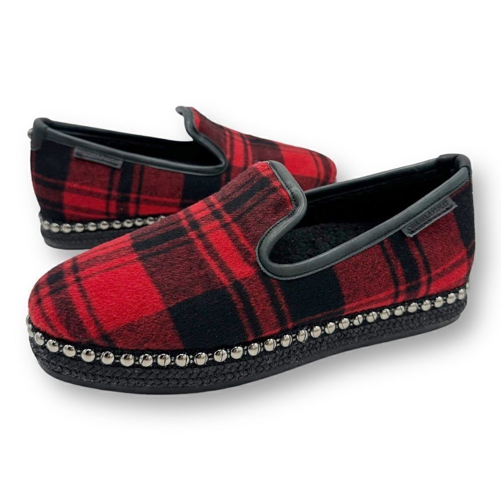 Chelsea & Violet Conie Red Plaid‎ Faux Shearling Espadrille Loafer Slipper 7M